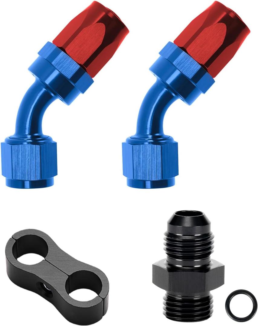 Blue & Red 6AN 45 Degree Fitting 2PCS With 2 Extra Accessories (Adapter & Hose Clamp), AN6 Swivel Hose End Fittings For CPE Fuel Line, Value Pack For Complete Build