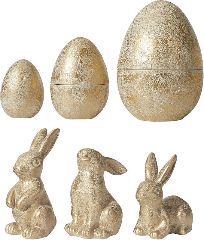 DN DECONATION 4PCS Easter Decorations with 3 Rabbits and 1 Nesting Easter Eggs, Small Gold Easter Bunny Figurines Decor, Spring Tabletop Decor Bunny Egg Statues, Vintage Decor, Gift