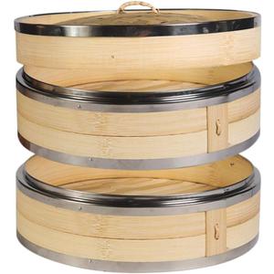 2-Tier Kitchen Bamboo Steamer with Stainless Steel Rings for Asian Cooking | Sauce Dish & 2-Chopsticks | Buns Dumplings Vegetables Fish Rice (9.4")