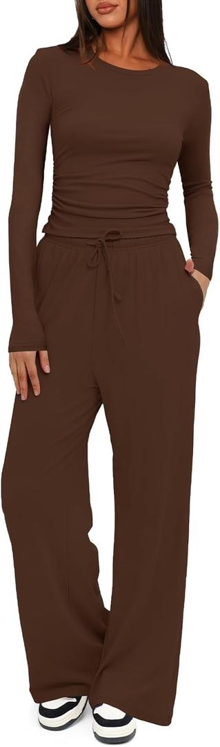 Darong Women's 2 Piece Lounge Sets 2026 Long Sleeve Tops and Wide Leg Pants Set Matching Travel Airport Outfit (Coffee) S