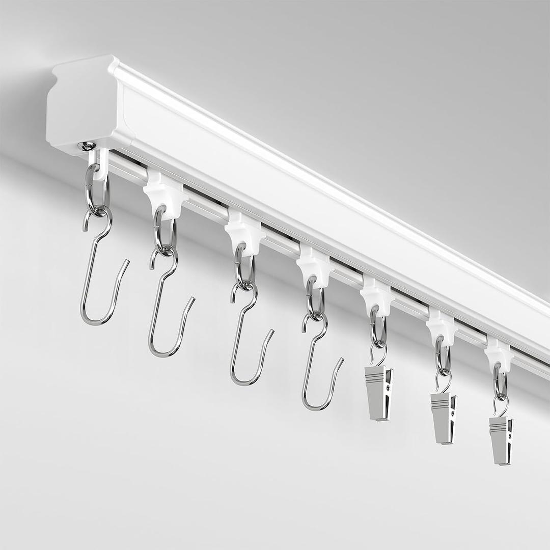 Ceiling Curtain Track 9-12ft–Silent Room Divider Track with Roller Hooks & Clips for All Curtain Types, Ceiling or Wall Mount, Heavy Duty Sliding Rail for Bedroom, Living Room, Office (White)