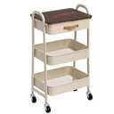 AGTEK Rolling Cart with Drawer, 3 Tier Movable Metal Utility Organizer with Wooden Board, Mobile Trolley Cart for Home & Office, Beige