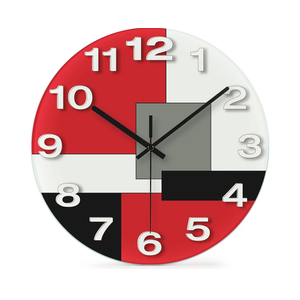 WISKALON Abstract Geometric Glass 12" Wall Clock in White, Grey, Red and Black - Battery Operated, Silent Non Ticking Quartz Clock for Home, Kitchen, Living Room, Bathroom, Bedroom, or Office Decor