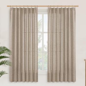 YoungsTex Oatmeal Linen Semi Sheer Curtains 63 Inch Length for Living Room, Light Filtering Window Drapes with Back Tab for Bedroom, 2 Panels, 40 X 63 Inch (Pleated-dark Oatmeal)