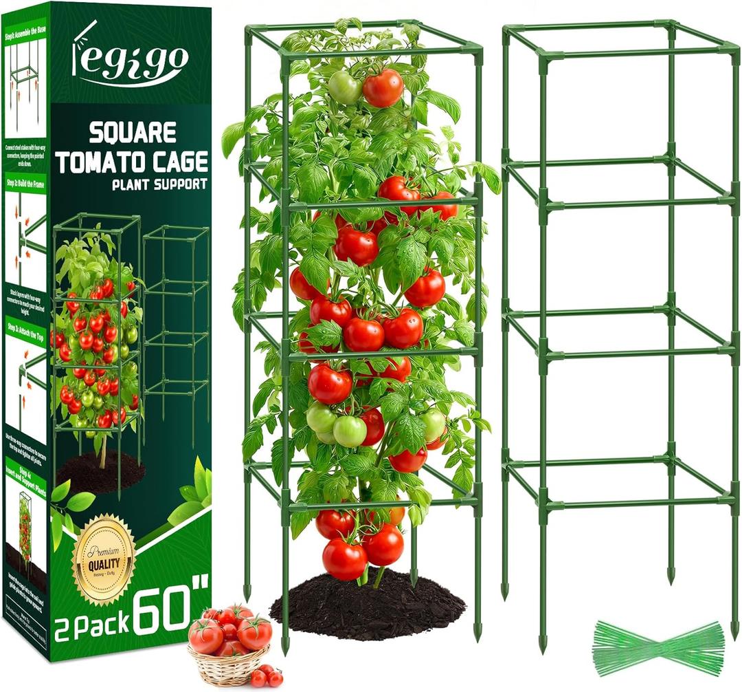 Legigo 2 Pack Square Tomato Cages- 60 Inch Heavy Duty Tomato Trellis for Climbing Plants Outdoor, Tomato Plant Support Stakes Cage Garden Trellis for Garden Raised Garden Bed Cucumbers Vegetables