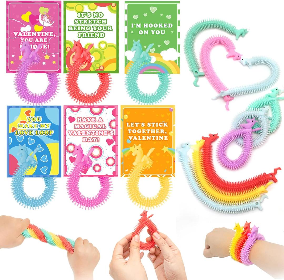 Valentines Day Cards for Kids School, 30 Pack Valentines Cards with Unicorn Stretchy Strings Toys for Classroom Gift Exchange, Sensory Fidget Valentines Party Favors for Girls Boys Classroom Prizes