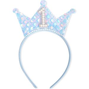 Blue 1th Birthday Headband - Tiara First Birthday Decorations, Glitter Sequin Crown Headband, Pearls Hair Accessories