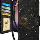 Toycamp for Samsung Galaxy S23 FE Wallet Case with Wrist Strap - Leather Flip Folio Cover with RFID Blocking 4 Card Slots Galaxy S23 FE Cute Aesthetic for Women Lady, Black Sun Moon