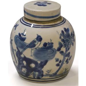Blue and White 4.5in Porcelain Flower and Bird Small Oriental Jar with Lid