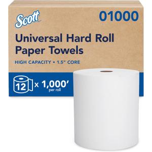 Scott Professional Essential Universal High-Capacity Hard Roll Paper Towels, Bulk (01000), Hardwound 1.5" Core, Absorbency Pockets, White (12 Rolls at 1,000' Each, 12,000'/Case), 12 Count