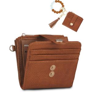 Small Wristlet Wallets for Women Keychain Wristlet Wallet RFID Blocking Key Chain Wallet With Zipper Coin Pocket,2 Id Window (Brown)