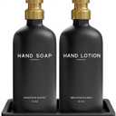 Luxury Glass Soap and Lotion Dispenser Set with Tray by Brighter Barns - Black and Gold Soap Dispenser Bathroom Set - Modern Bathroom Decor for Airbnb, Guest House, Vacation Rental, Gift (Black/Gold)