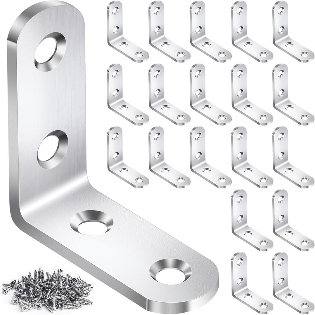 20PCS L Bracket Corner Brace Sets, Stainless Steel L Brackets for Wood Shelves, 90 Degree Right Angle Bracket with 80 Screws, Metal Corner Brackets for Furniture Cabinet Drawer Chair (1.57x1.57 in)
