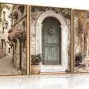 European Flower Street Framed Canvas Wall Art Set,Natural Architecture Travel City Landscape Wall Decor,Vintage Neutral Archway Cityscape Artwork for Living Room,Bedroom,Farmhouse-24 x36 x3