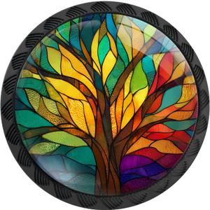 4 Pack Stained Glass Tree of Life Cabinet Knobs Round Drawer Pulls Colorful Tree Knob Cupboard Door Handles Hardware for Kitchen Bathroom Cabinets
