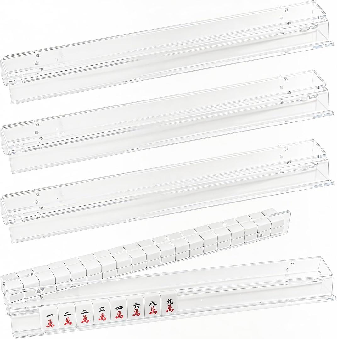 Acrylic Mahjong Racks with Magnetic Pushers, Set of 4 Clear 17.5-Inch Tile Rack and Pusher Combos with Silicone Non-Slip Pads, Modern American Mahjong Accessories (Clear, 17.5)