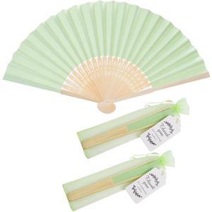 50pcs Paper Hand Fan Bamboo Handheld Folding Fans with Organza Bags and Thank You Tags Home Decorative Wedding Party Favors (Light green)