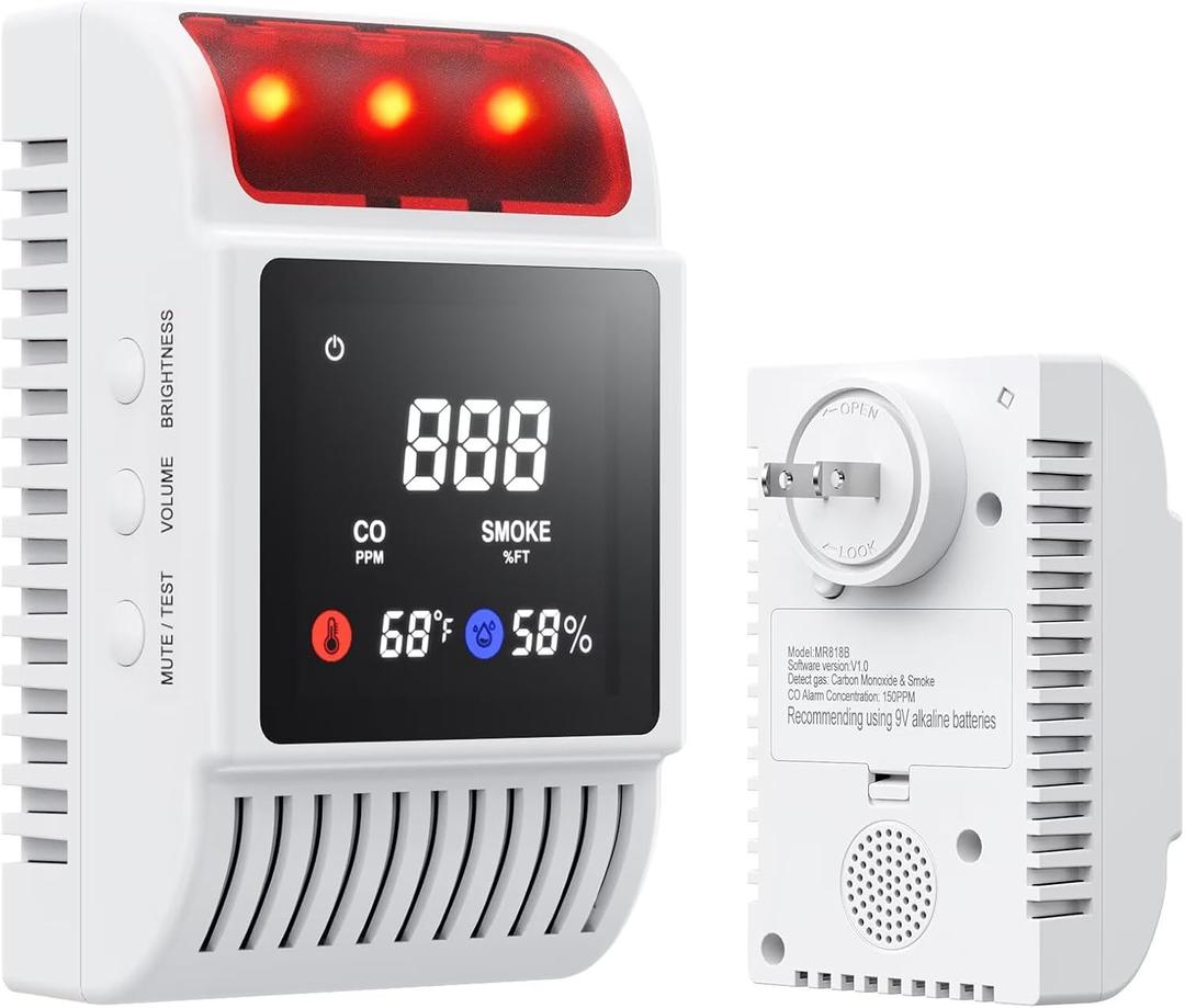 5-in-1 Smoke and Carbon Monoxide Detectors Plug in, Smoke Detector with Battery Backup Slot, Adjustable Brightness & Volume Levels, Smoke Alarm with Temp/Humidity for Home, RV, Travel(1-Pack)