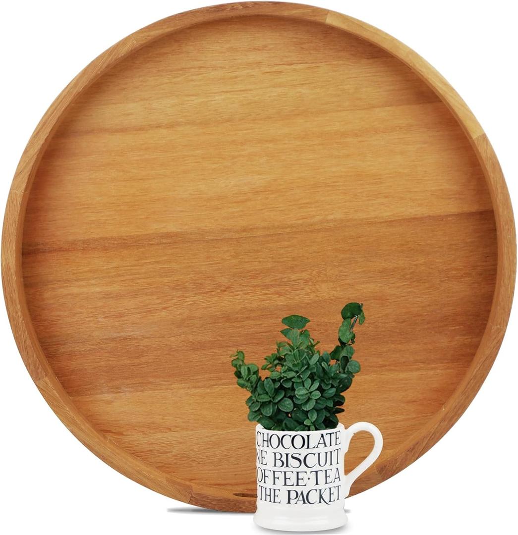 20 Inches Extra Large Round Teak Wood Ottoman Tray with Handles, Serve Tea, Coffee Classic Wooden Decorative Serving Tray
