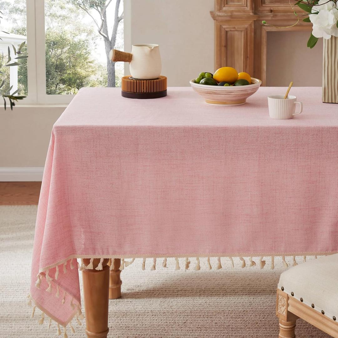 Linen Tablecloth with Tassels, Farmhouse Style Pink Tablecloth, Water Resistant Burlap Tablecloths for Rectangle Table, 60x120 Inch Pink
