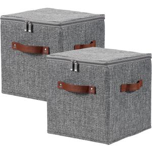 2PCS Storage Cubes with Lid Fabric Storage Bins Boxes PU Leather Handles Cotton Linen Closet Organizer Container Decorative Foldable Washable Shelf Cloth Basket (Zipper Lid, Gray, 11in)
