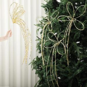 Soulchen 6 Pcs Christmas Gold Artificial Glitter Picks Spray 35" Christmas Tree Ornaments Snow Weeping Tree Berry Stems Spray Long Glitter Branch Sticks for Winter Holiday Wedding Ornament Supply