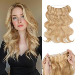 S-noilite Wavy Halo Hair Extensions Real Human Hair,16Inch Invisible Wire Hair Extensions,2 Clips Halo Extensions for Women(Ash Blonde/Bleach Blonde)