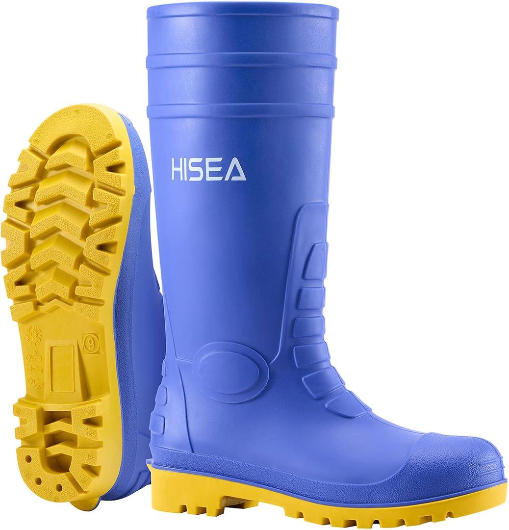 HISEA Men's Steel Toe Rain Boots PVC Rubber Boots, Waterproof Garden Fishing Outdoor Work Boots, Durable Slip Resistant Knee Boots for Agriculture and Industrial Working (9, Blue)