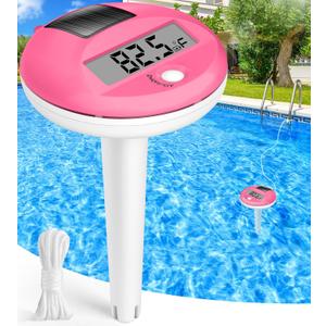 FirstE 2025 Solar Digital Pool Thermometer with Rope | Big Number LCD Display Floating Pool Thermometer for Easy Read | High Precision, IP68 Waterproof | Pools Water Temperature Gauge for Spa, Pink