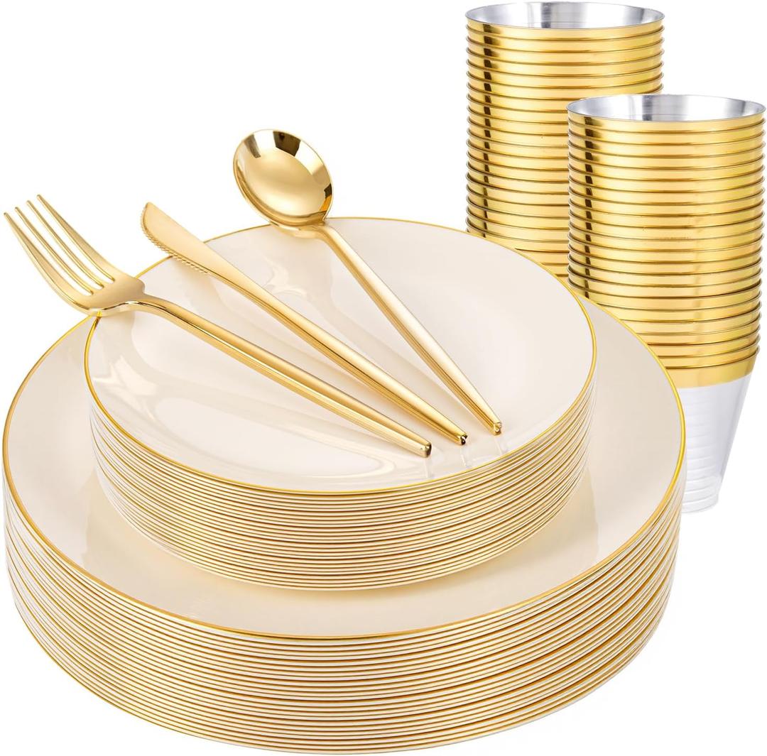 bUCLA 150PCS Ivory Plastic Plates with Gold Trim - Heavy Duty Cream Plastic Disposable for Party & Wedding - Include 25 EachDinner & Dessert Plates, 25 Knives, 25 Forks, 25 Spoons & 25 Cups