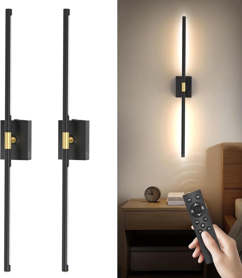Battery Operated Wall Sconces Set of 2: 10000mAh Rechargeable Wall Lights, Easy Install 360 Rotate 3000K-6000K LED Wireless Wall Light Decor for Bedroom Living Room Hallway Picture Lighting Gallery (Black)