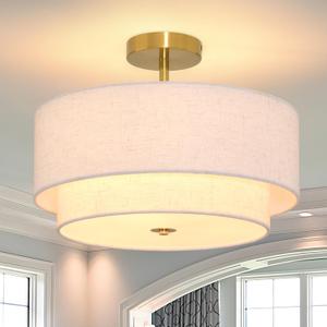 3 Light Semi Flush Mount Ceiling Light Fixture 15.7 Inch Modern Gold Drum Ceiling Light Fixture with 2-Layer Fabric Shade Dimmable Close to Ceiling Light for Living Room Hallway Bedroom Entryway (15.7inch, Gold 2-tier)