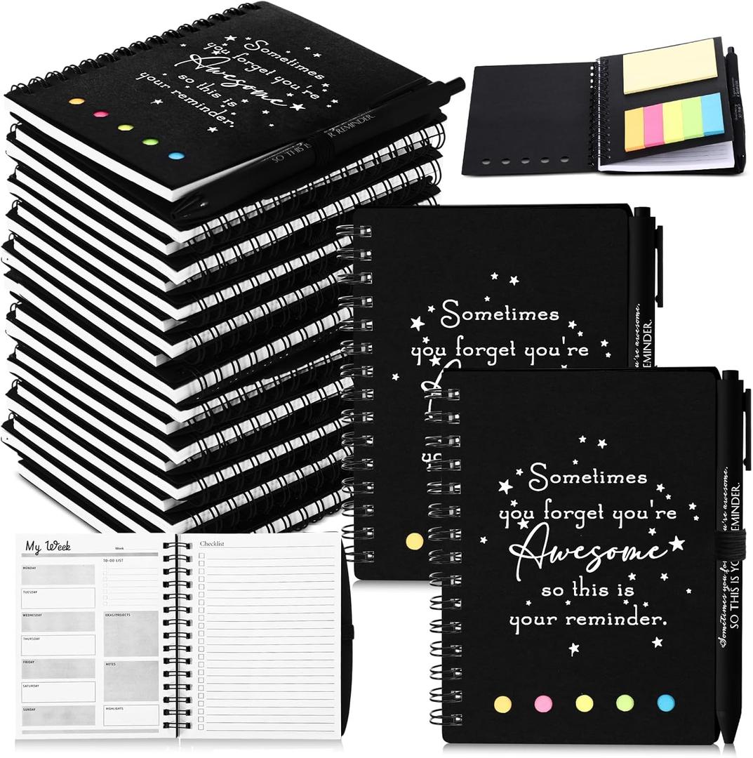 24 Set Employee Christmas Gifts Bulk for Coworkers Team Staff Thank You Gifts Inspirational A6 Spiral Notebook Planner with Sticky Note Ballpoint Pen for Office Teacher Adult (Black)
