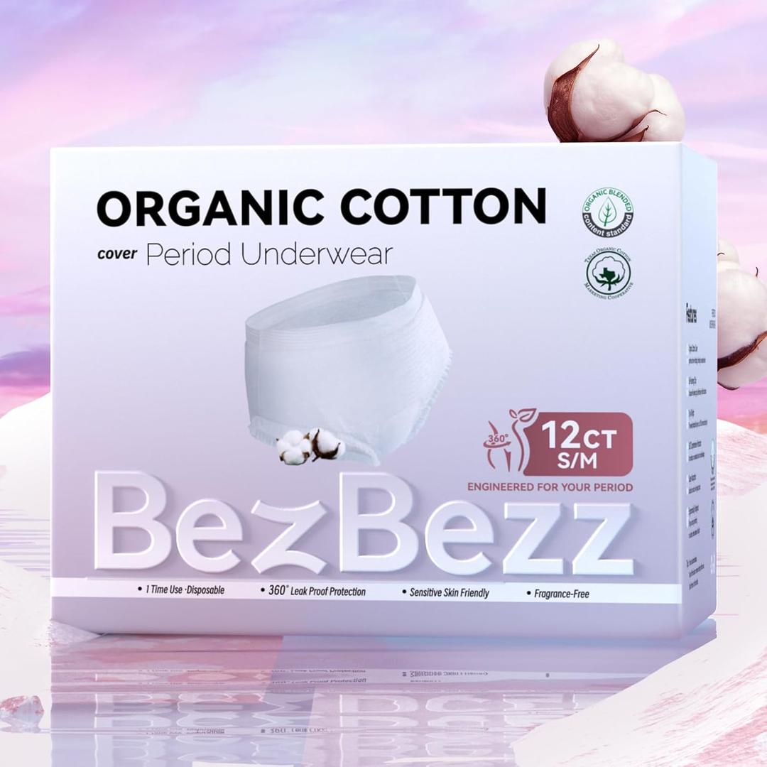 Organic Cotton Disposable Period Underwear for Women, Postpartum Diapers, Incontinence Pads for Sensitive Skin, Unscented, 360 Leakproof Panties Heavy Flow Overnight, Size S/M, 12 Count