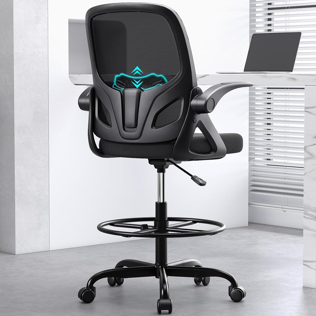 Tall Drafting Chair with Footrest Ring for Home and Work, Ergonomic Home Desk Office Chair with Flip up Arms and Lumbar Support, Tall Extended Height Executive Desk Office(Black)