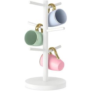 Wisuce Bamboo Coffee Mug Holder Tree, Thicker Base Coffee Cup Holder Stand for Countertop, Tabletop Mug Rack Organizer with 6 Hooks (White)