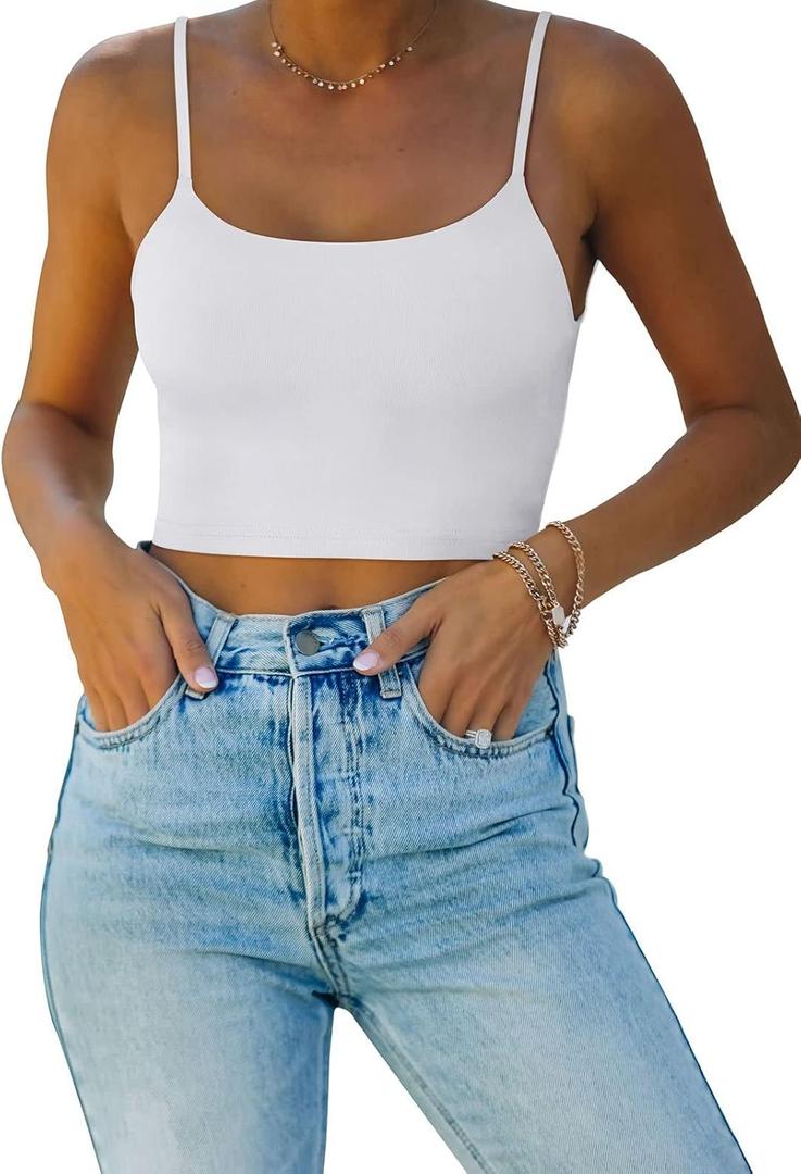 REORIA Women's Sexy Adjustable Spaghetti Strap Double Lined Seamless Camisole Tank Yoga Crop Tops (White)