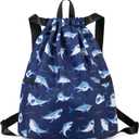 Children Boy Girl Ocean Shark Print Drawstring Backpack Outdoor Casaul Portable Shoulder Bag Swim Gymsack Sack Pack Dark Blue (Medium)