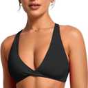 VANTONIA Womens Butterluxe Twist Front Sports Bra Deep V-Neck Crop Top Strappy Cross Back Bra with Nipple Covers-Vivi Bra (Small, Black)