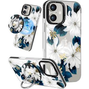 Lotadilo Case for iPhone 17 Case Compatible with Magsafe Ring Holder Stand - for Women Blue Flower Design TPU Phone Cover for Girls Girly Funny Fashion