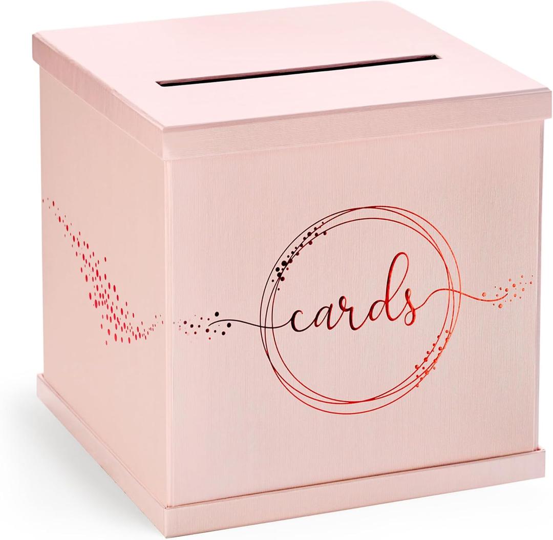 Pink Rose Gold Card Box for Party, Large 10 Gift Card Box Birthday, Bridal & Baby Shower, Wedding Reception, Graduation, Sweet 16, Quinceanera, Anniversary, Envelope Holder with Slot, Money Basket