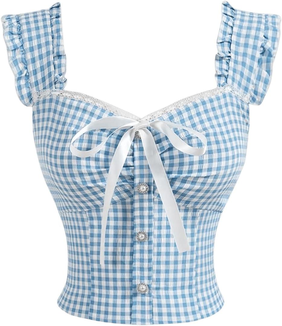 SweatyRocks Women's Bow Plaid Y2K Blouse Button Front Smocked Sleeveless Lace Tops (Small, Multicolor)