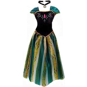 Queen Princess Adult Women Dress Costume wig necklace Cosplay Halloween (Green, XL)