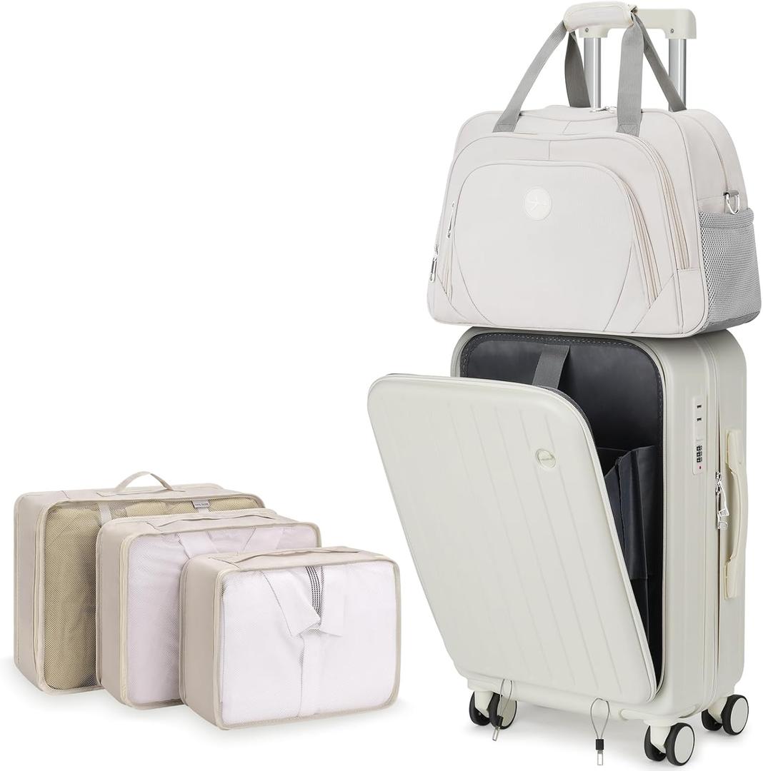 Luggage Sets 5 Piece Carry on Hardside Suitcase with Spinner Wheels 20-inch Travel Luggage with Lock & Quick-Access Front Compartment Includes Travel Weekender Bag & Packing Cubes (A2-white)