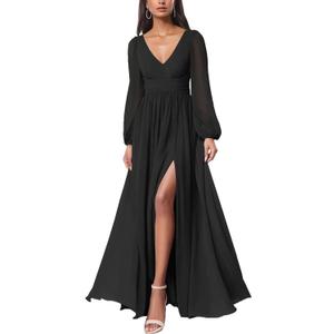 firfig Women Mesh Deep V Neck Open Back Sheer Long Sleeve Slit Leg Bridesmaid Maxi Dress Cocktail Party Wedding Guest Dresses (Large, Black)