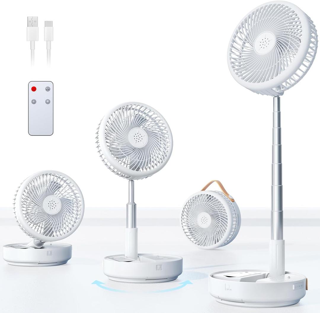 Portable Oscillating Travel Fan, 10400mAh Battery Operated Rechargeable USB Floor Table Desk Fan with Remote, 4 Speed Settings Pedestal Fan for Home Bedroom Office Camping, White, 8"