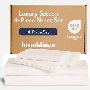 Brooklinen Luxury Sateen 4 Piece Sheet Set - 100% Cotton Bed Sheets, Soft & Durable Full Size Sheets Set in Cream, Oeko-TEX Certified Bedding Set, 1 Fitted Sheet, 1 Flat Sheet, 2 Pillowcases