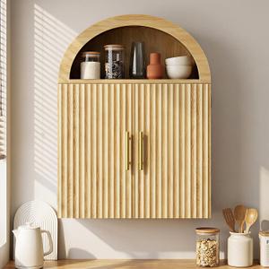 Kalrin Arched Wall Cabinet, Large Wood Bathroom Cabinet Wall Mounted Cupboard, Modern Floating Storage Cabinet with Door Adjustable Shelf, Wood Organizer Light Oak, 23.6 x 31.5 x 7.8 inches