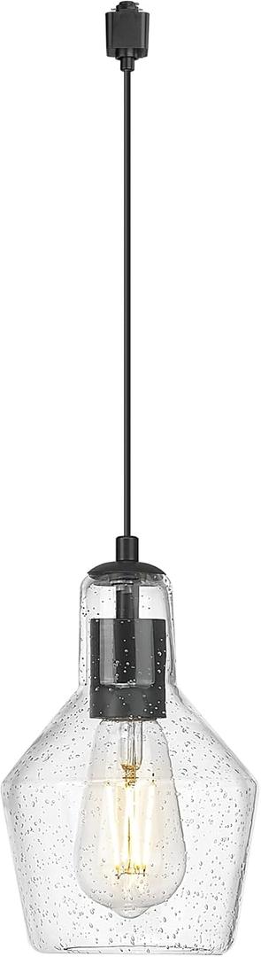 Emliviar H-Type Black Track Hanging Lamp with Seeded Glass Shade, 1-Light Farmhouse Hanging Light Fixture in Black Finish for Kitchen Suitable for Track Rail, DYE286TP BK