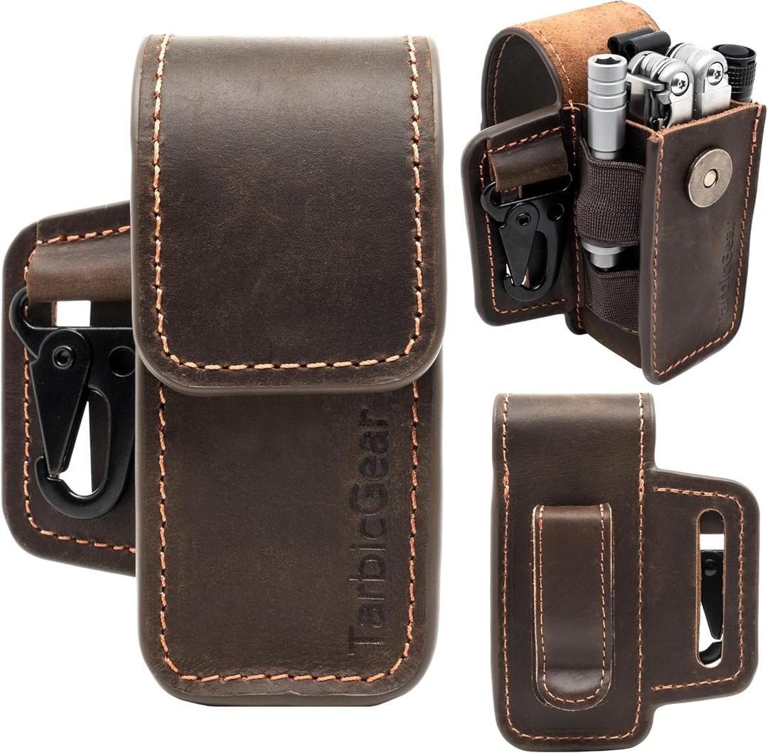 Leather Multitool Sheath for Belt, Multitool Holster with Belt Clip for Men, Pocket Organizer for Work, Fits for Leatherman, SOG, Gerber Tools (Medium, Brown)